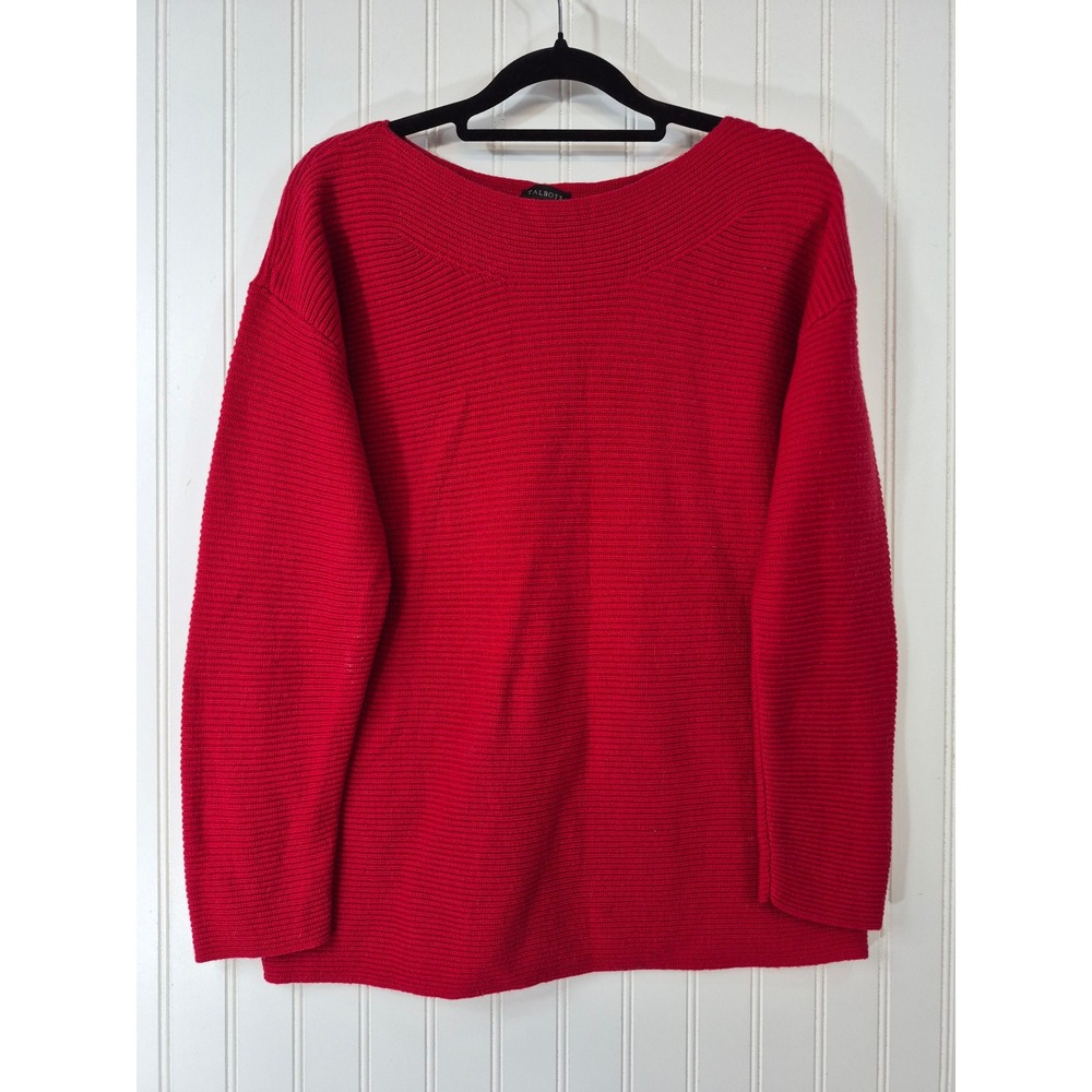 Talbots Red Ribbed Boat Neck Lambs Wool Blend 3/4 Sleeve Pullover Sweater 
Large